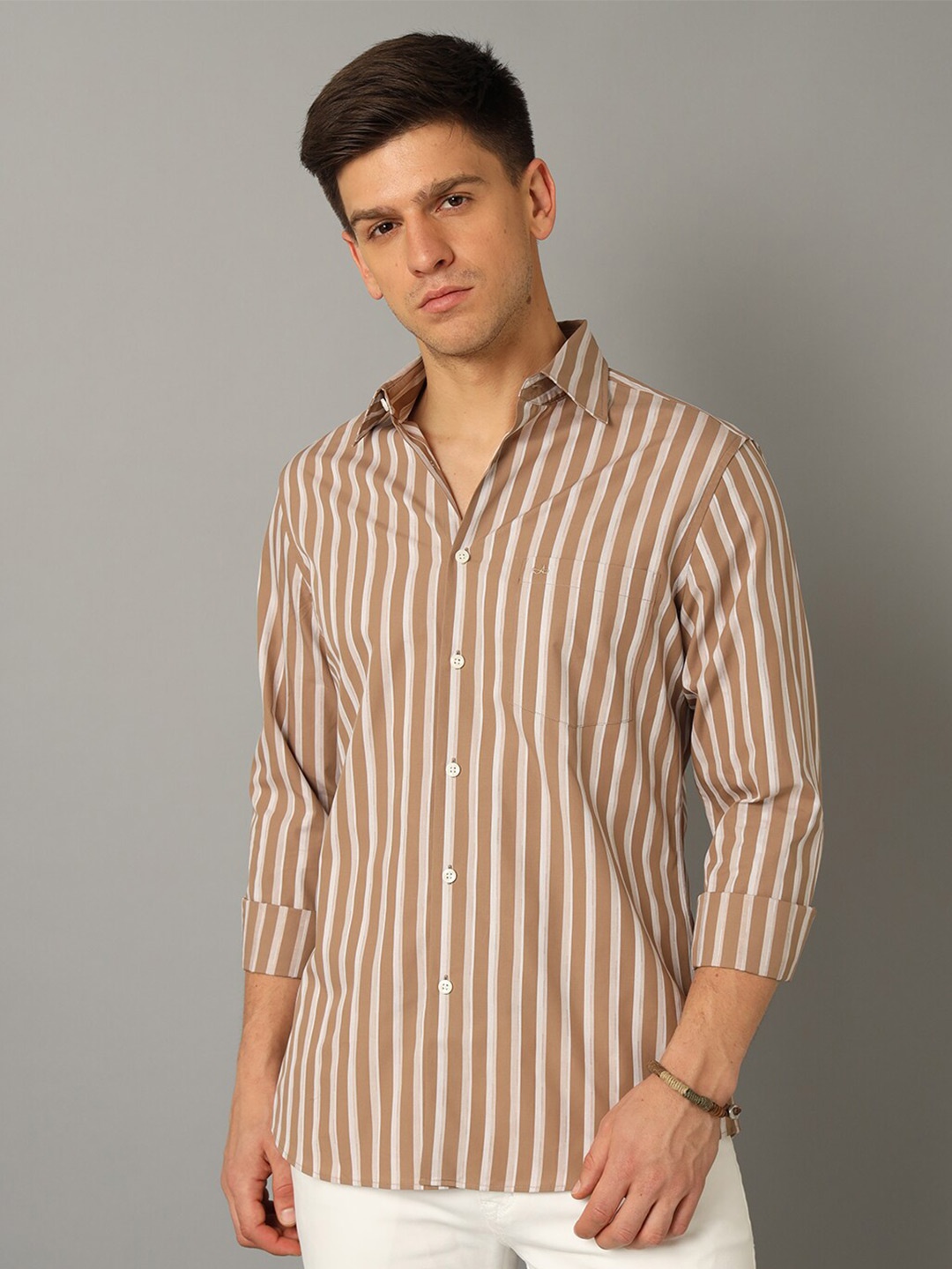 

Aldeno India Slim Striped Pure Cotton Casual Shirt, Beige