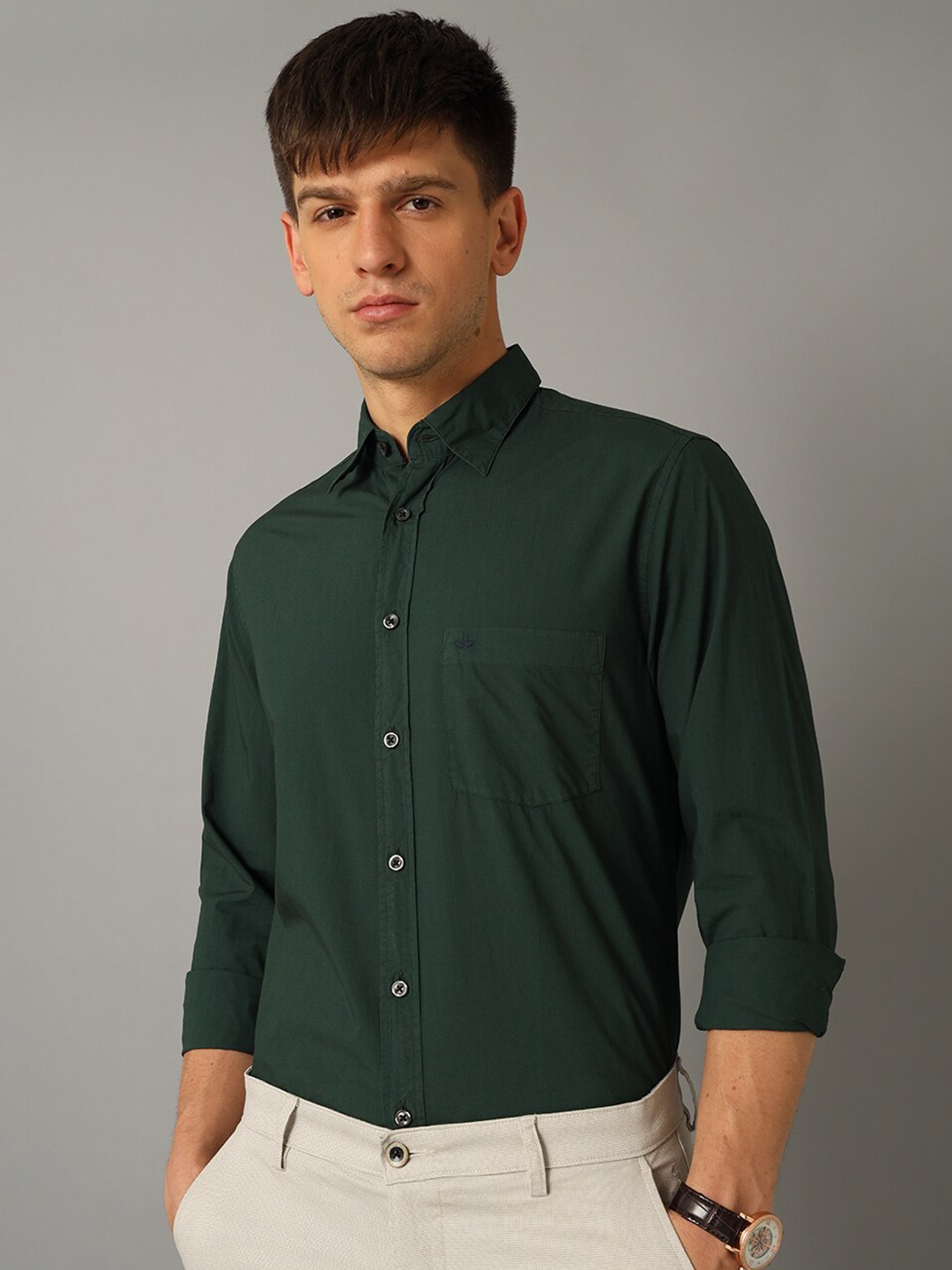 

Aldeno Spread Collar Pure Cotton Slim Fit Casual Shirt, Green