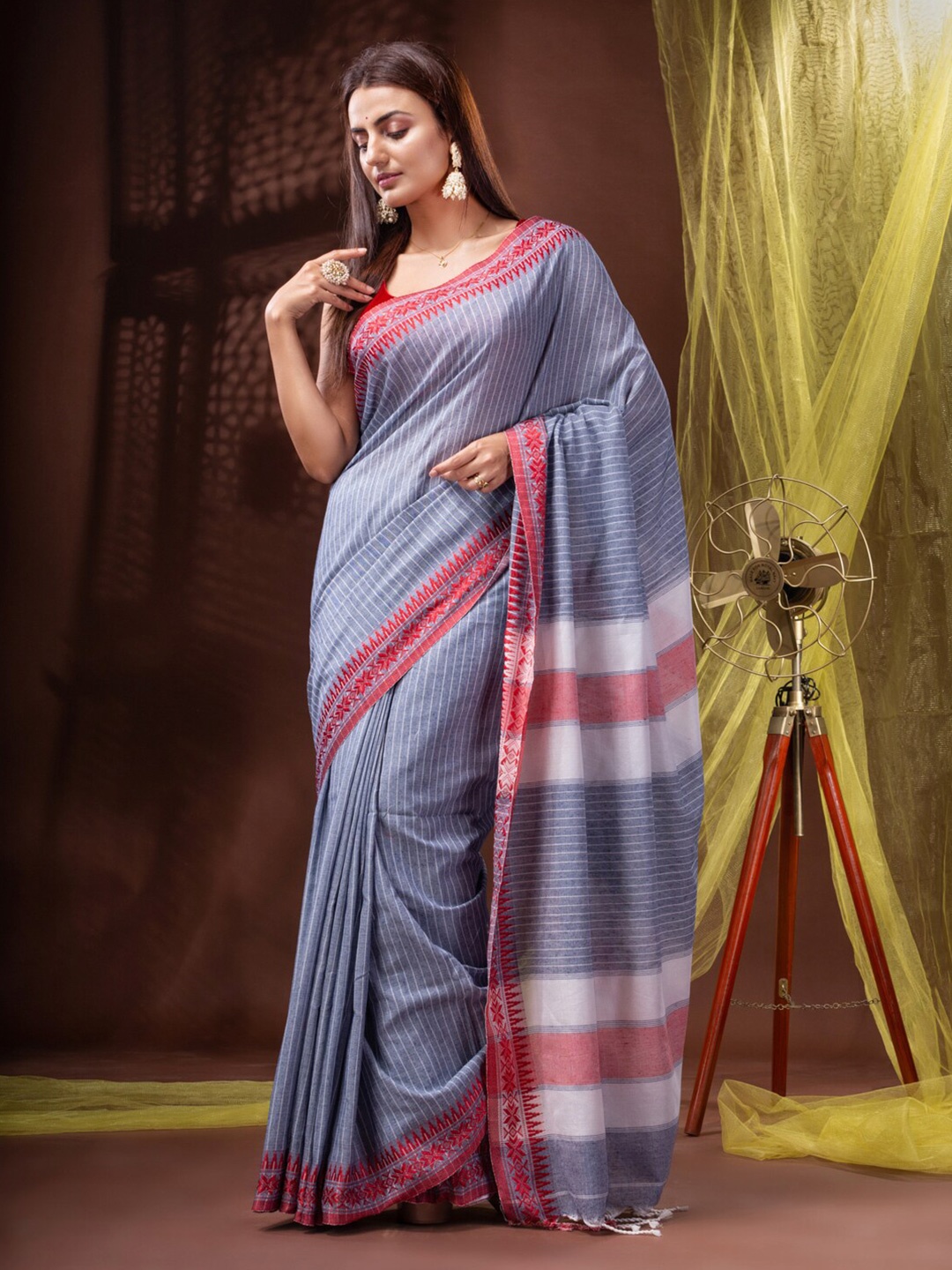 

Mitera Grey & Red Striped Bengal Pure Cotton Saree