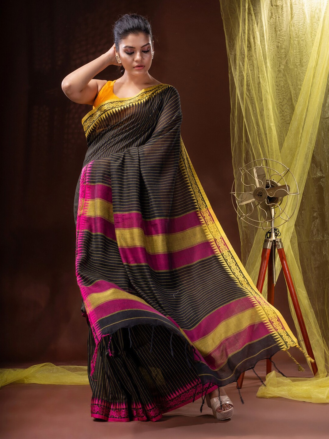 

Mitera Black Striped Pure Cotton Saree