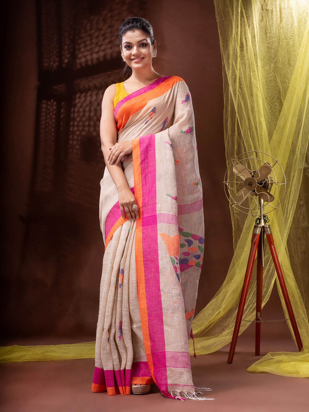 

Mitera Beige & Pink Woven Design Pure Linen Saree