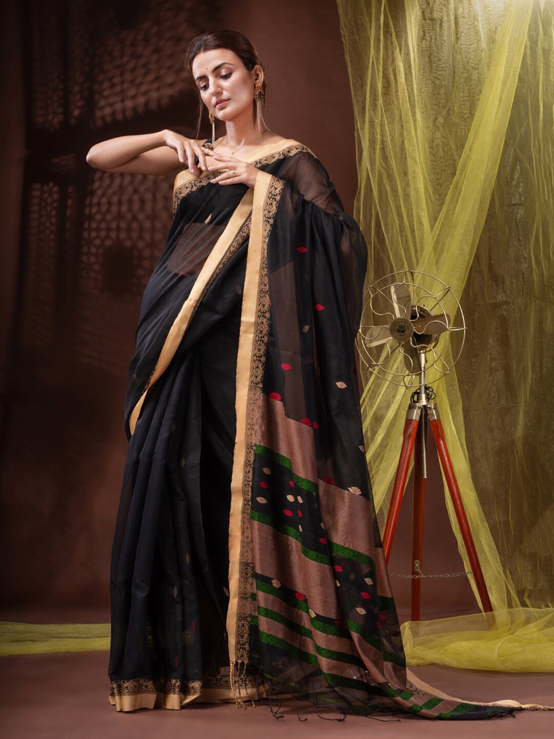 

Mitera Floral Woven Design Silk Cotton Saree, Black