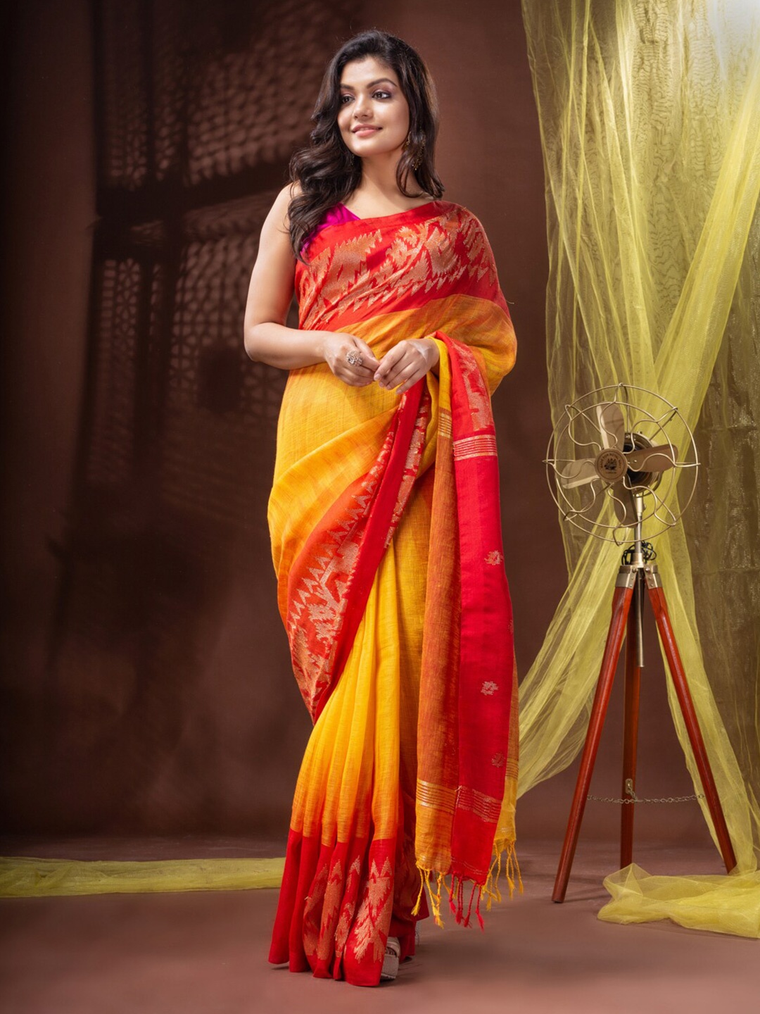 

Mitera Yellow & Orange Woven Design Pure Linen Saree