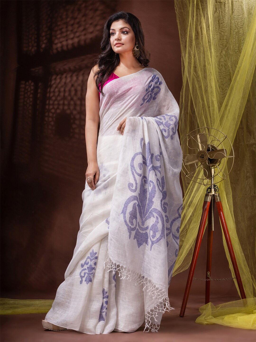 

Mitera White & Blue Woven Design Pure Linen Saree