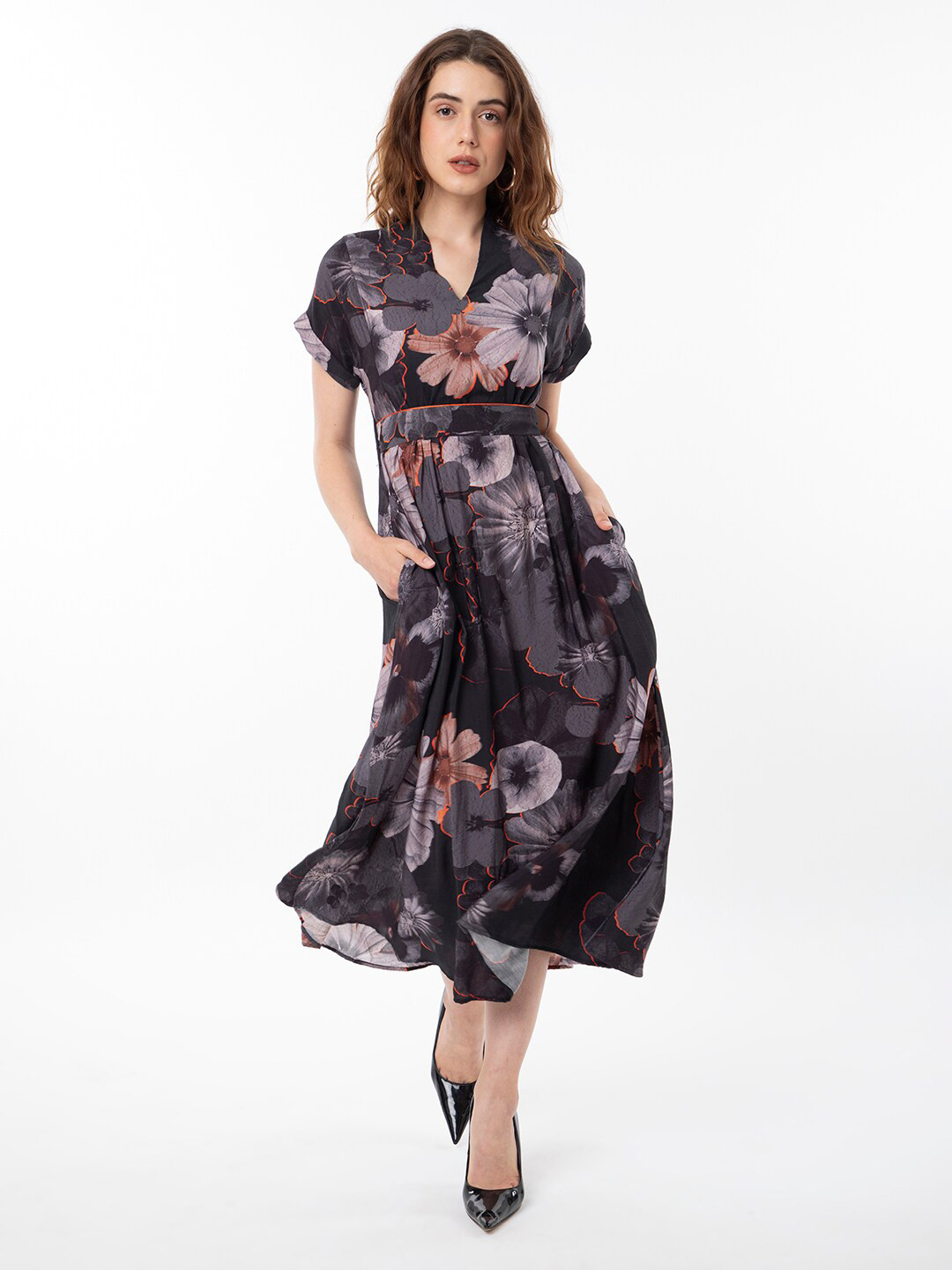 

RAREISM Floral Printed Fit & Flare Midi Dress, Black