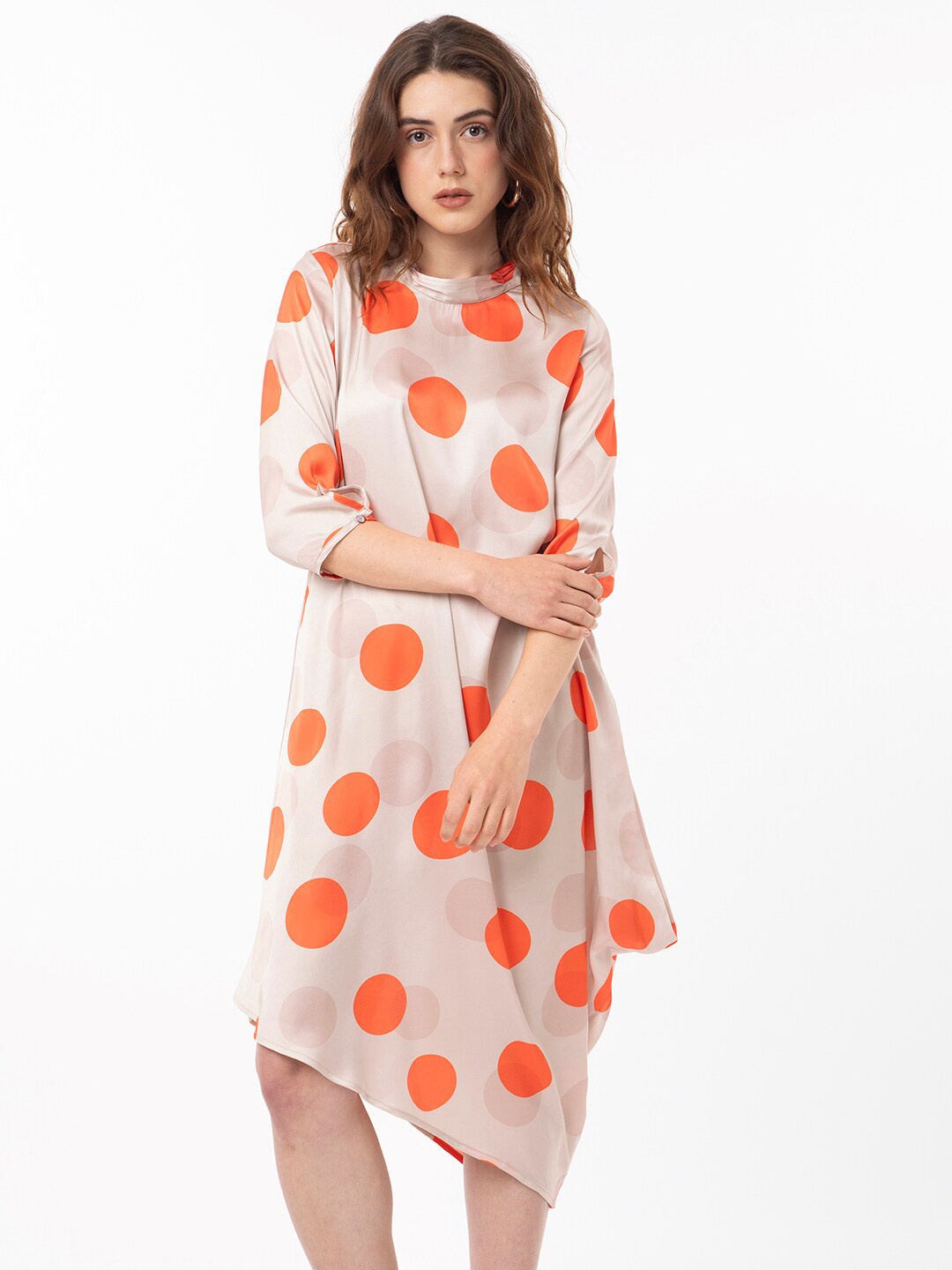 

RAREISM Polka Dots Printed Asymmetric Drape Detail Fit & Flare Midi Dress, Beige