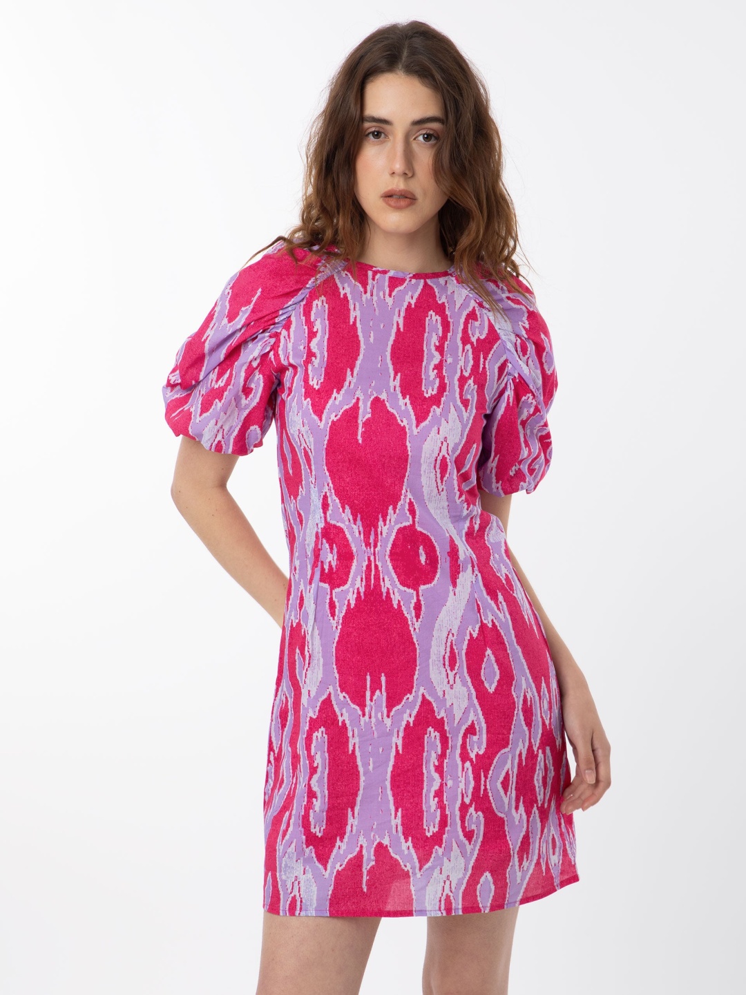 

RAREISM Ethnic Motifs Ikat Puff Sleeves Cotton A-Line Dress, Pink