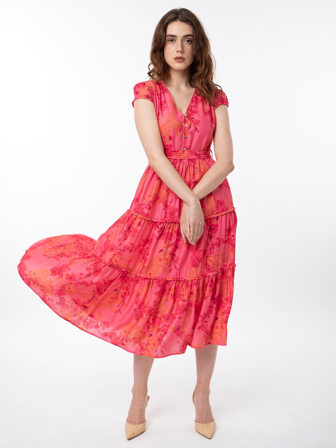 

RAREISM Floral Printed Fit & Flared Tiered Midi Dress, Pink