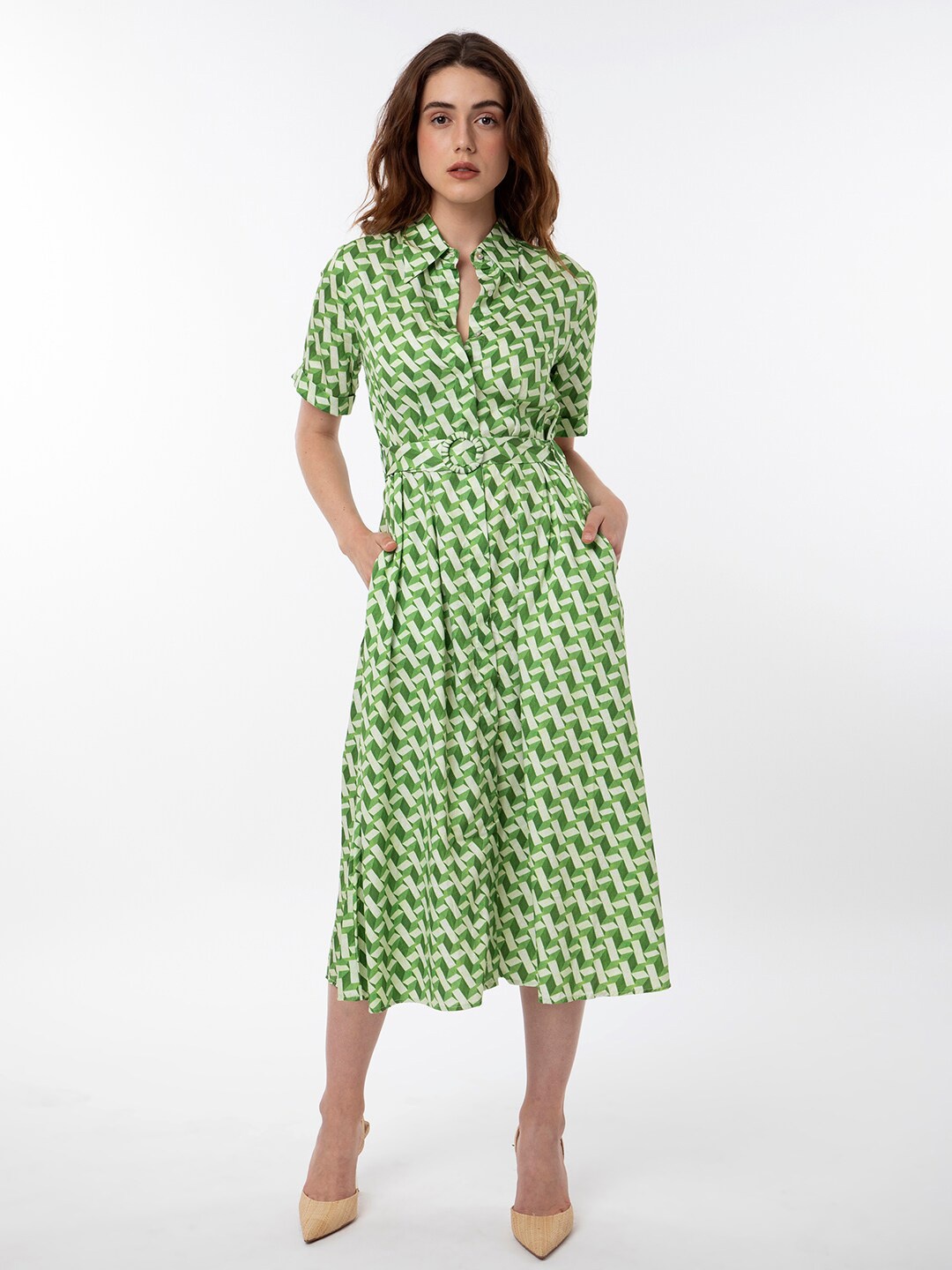 

RAREISM Geometric Printed Cotton Midi Shirt Dress, Green