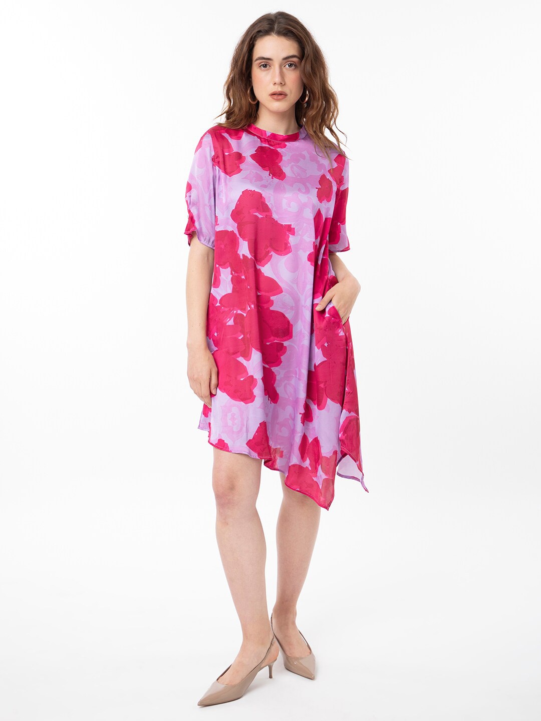 

RAREISM Abstract Printed Asymmetrical A-Line Satin Dress, Purple