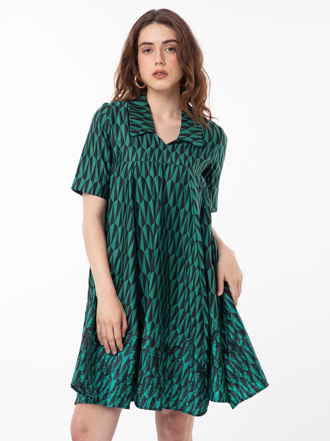 

RAREISM Geometric Printed Cotton A-Line Dress, Green