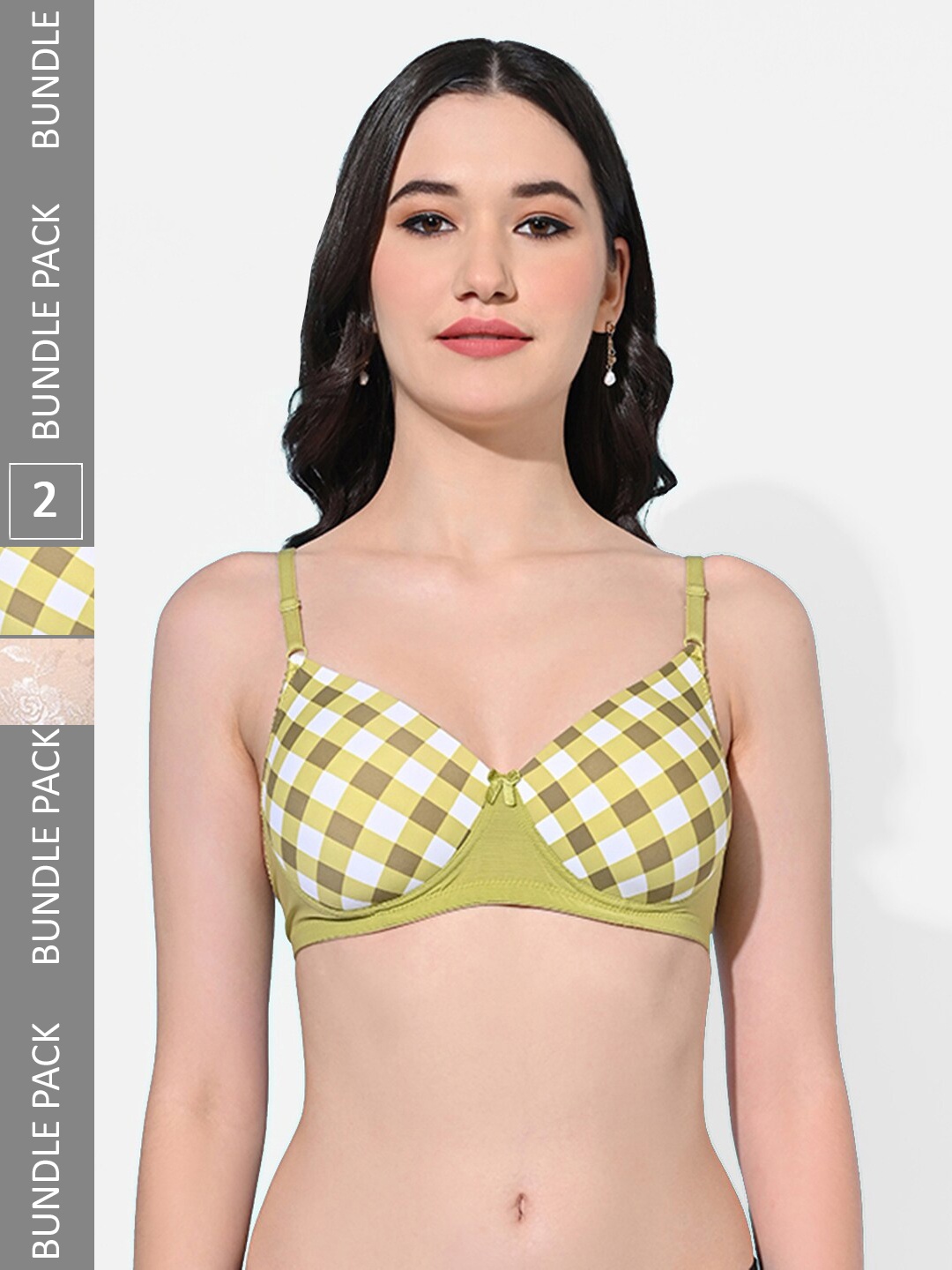 

FIMS Pack Of 2 Printed Full Coverage Lightly Padded All Day Comfort Bra, Green