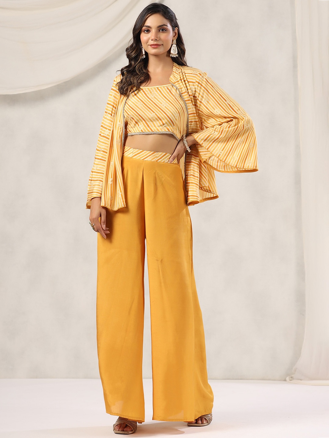 

Mirari Leheriya Printed Flared Sleeves Top & Palazzo With Shrug, Yellow
