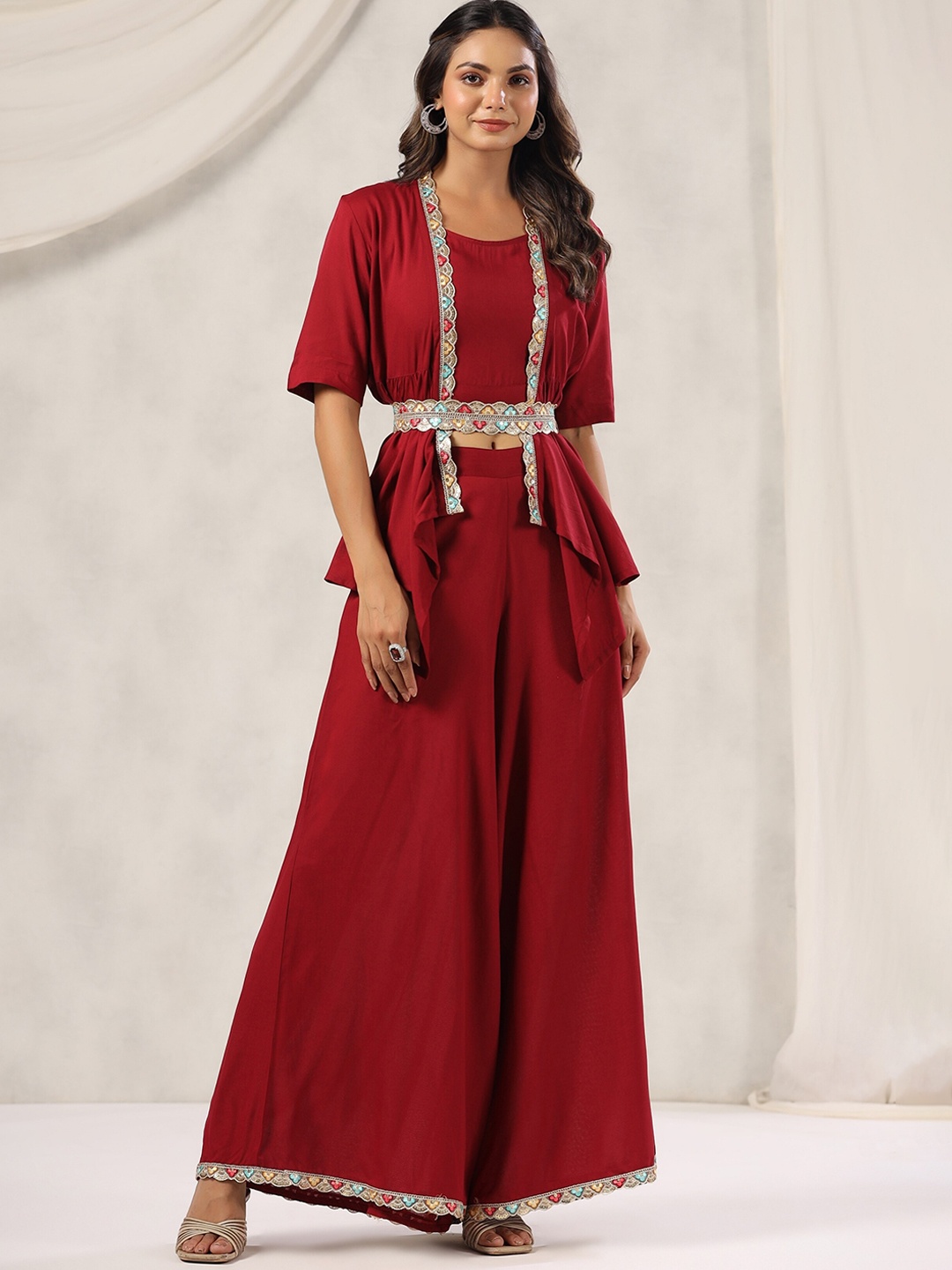 

mirari Crop Top & Palazzo With Shrug, Red