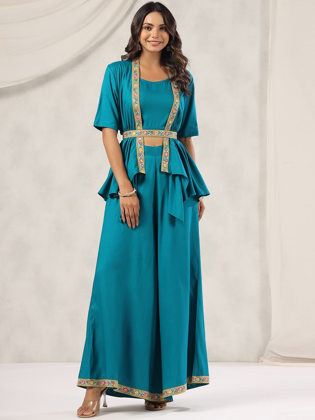 

mirari Crop Top & Palazzo With Shrug, Teal