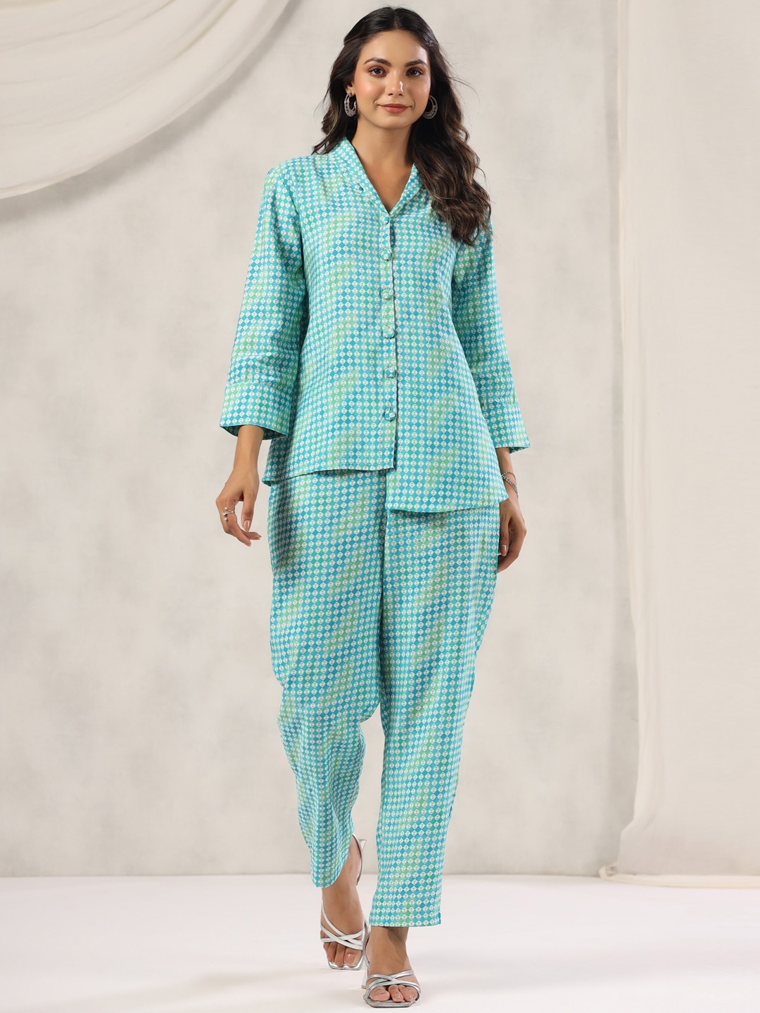 

mirari Printed Shawl Neck Shirt & Trouser, Blue