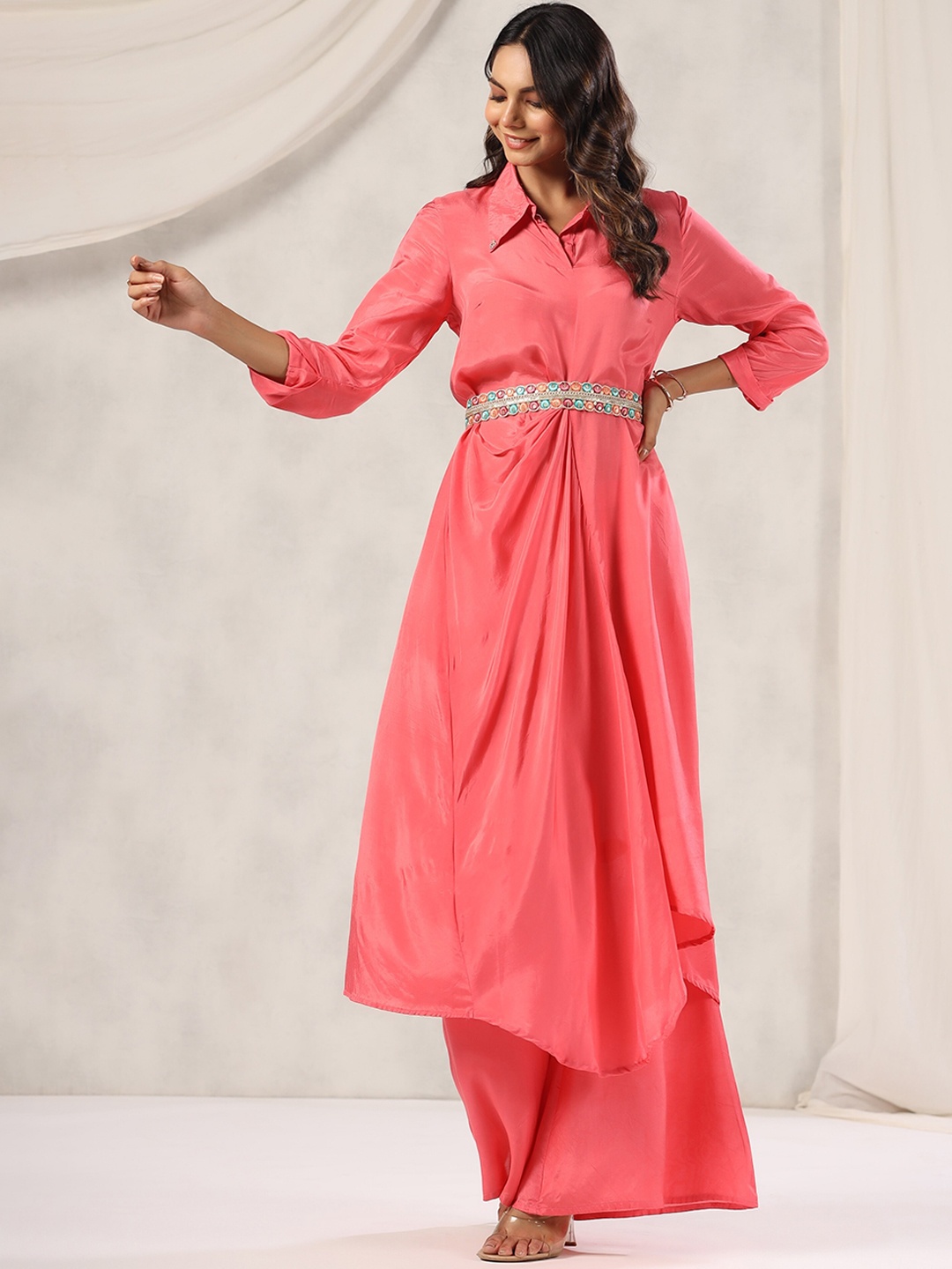 

mirari Shirt Collar Three-quarter Sleeves Kurta With Palazzos & Waist Belt, Pink