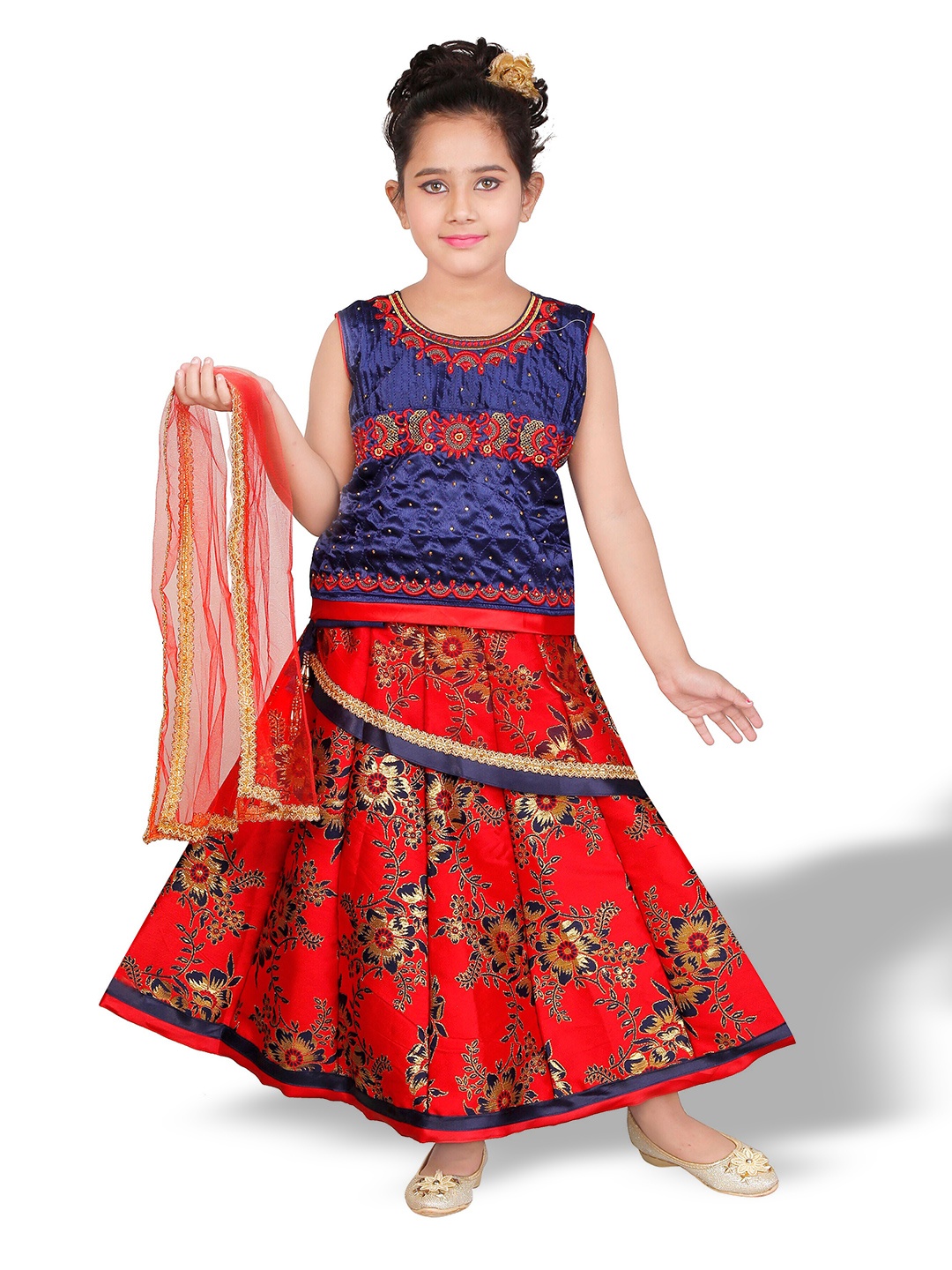 

BAESD Girls Floral Embroidered Thread Work Ready to Wear Lehenga Choli Set, Red