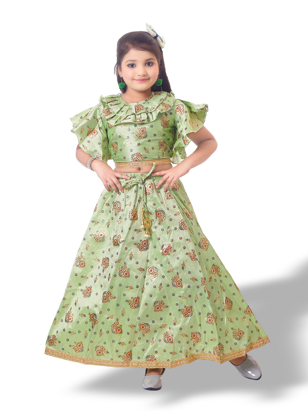 

BAESD Girls Floral Printed Ready to Wear Lehenga Choli Set, Green