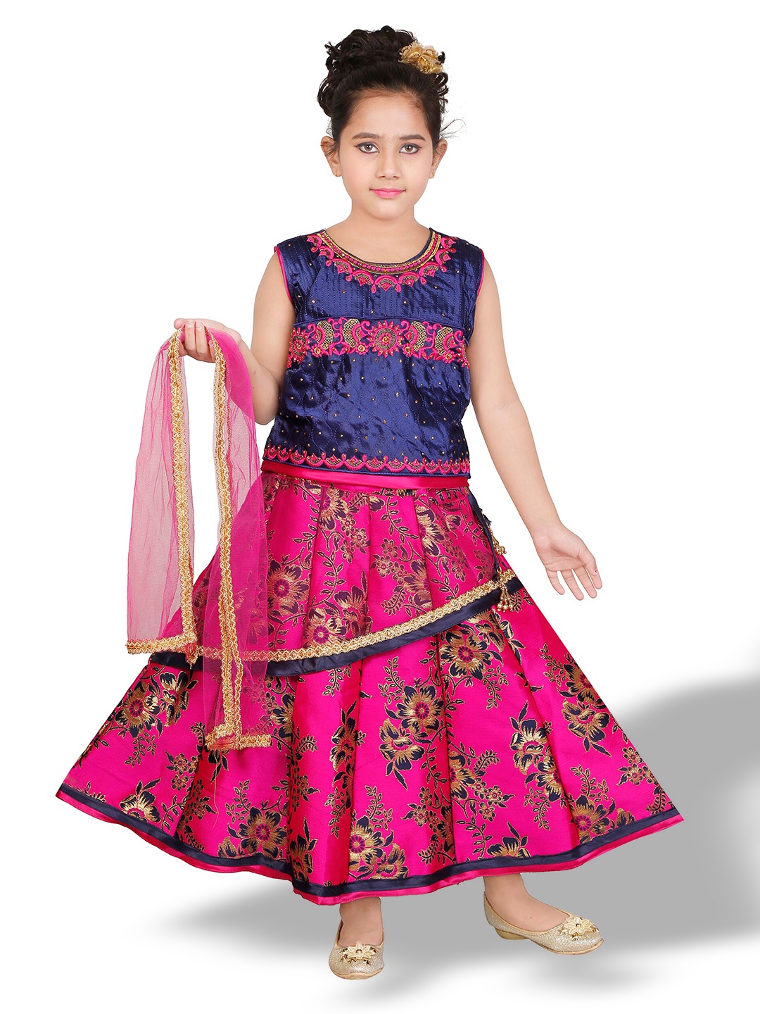 

BAESD Girls Floral Embroidered Thread Work Ready to Wear Lehenga Choli Set, Pink