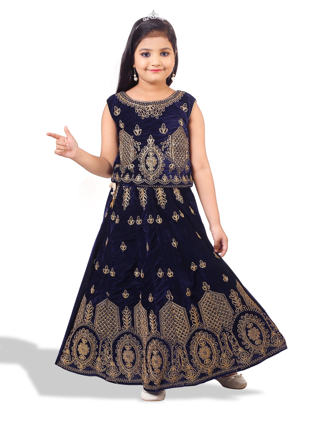 

BAESD Girls Embroidered Art Silk Ready to Wear Lehenga Choli, Navy blue