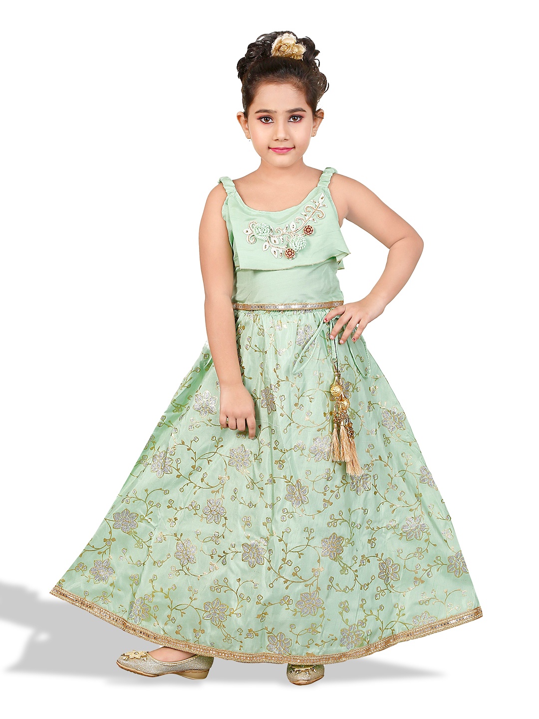 

BAESD Girls Embroidered Art Silk Ready to Wear Lehenga Choli, Green