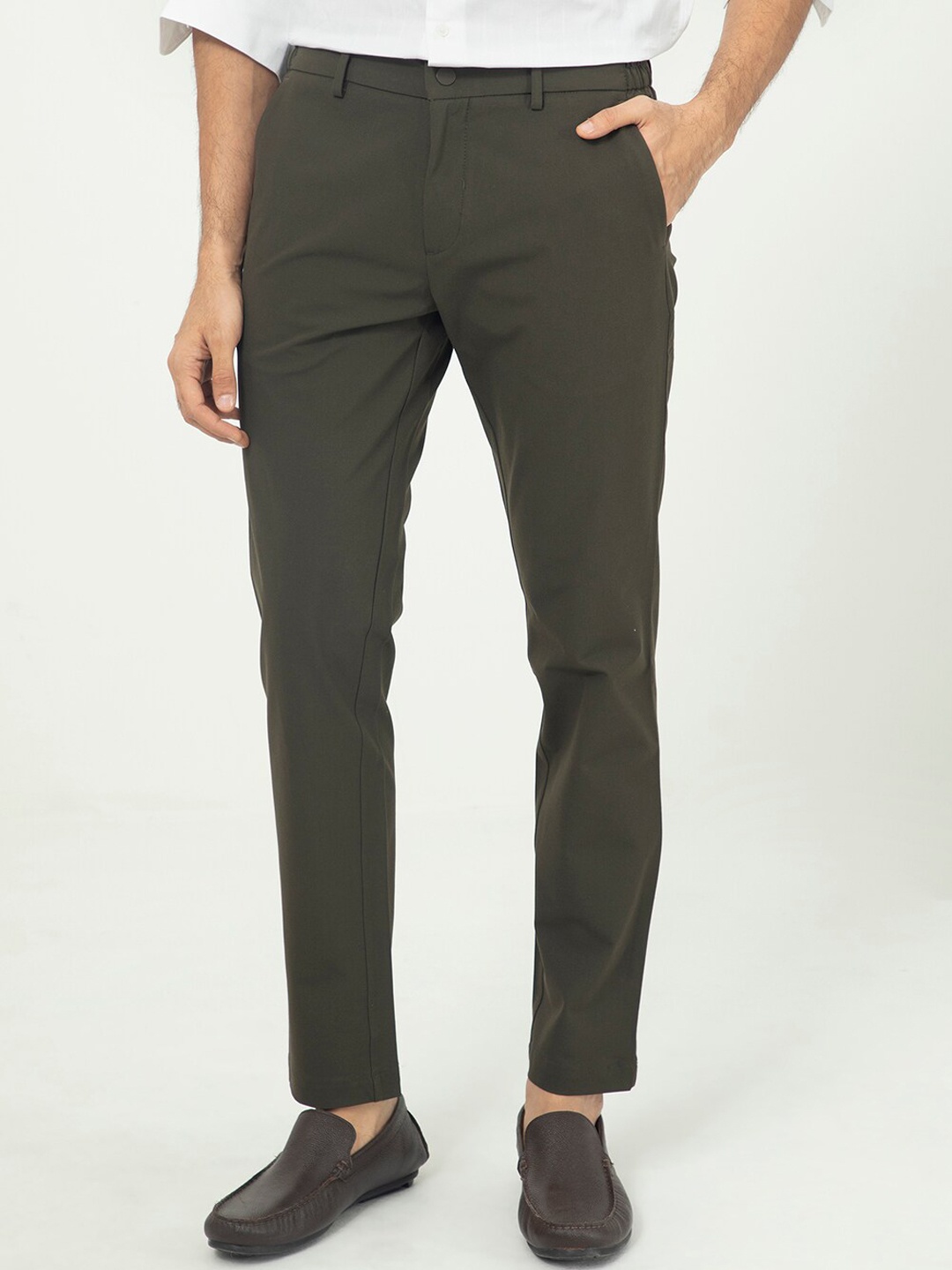 

RARE RABBIT Men Travellers Mid Rise Solid Slim Fit Trouser, Olive