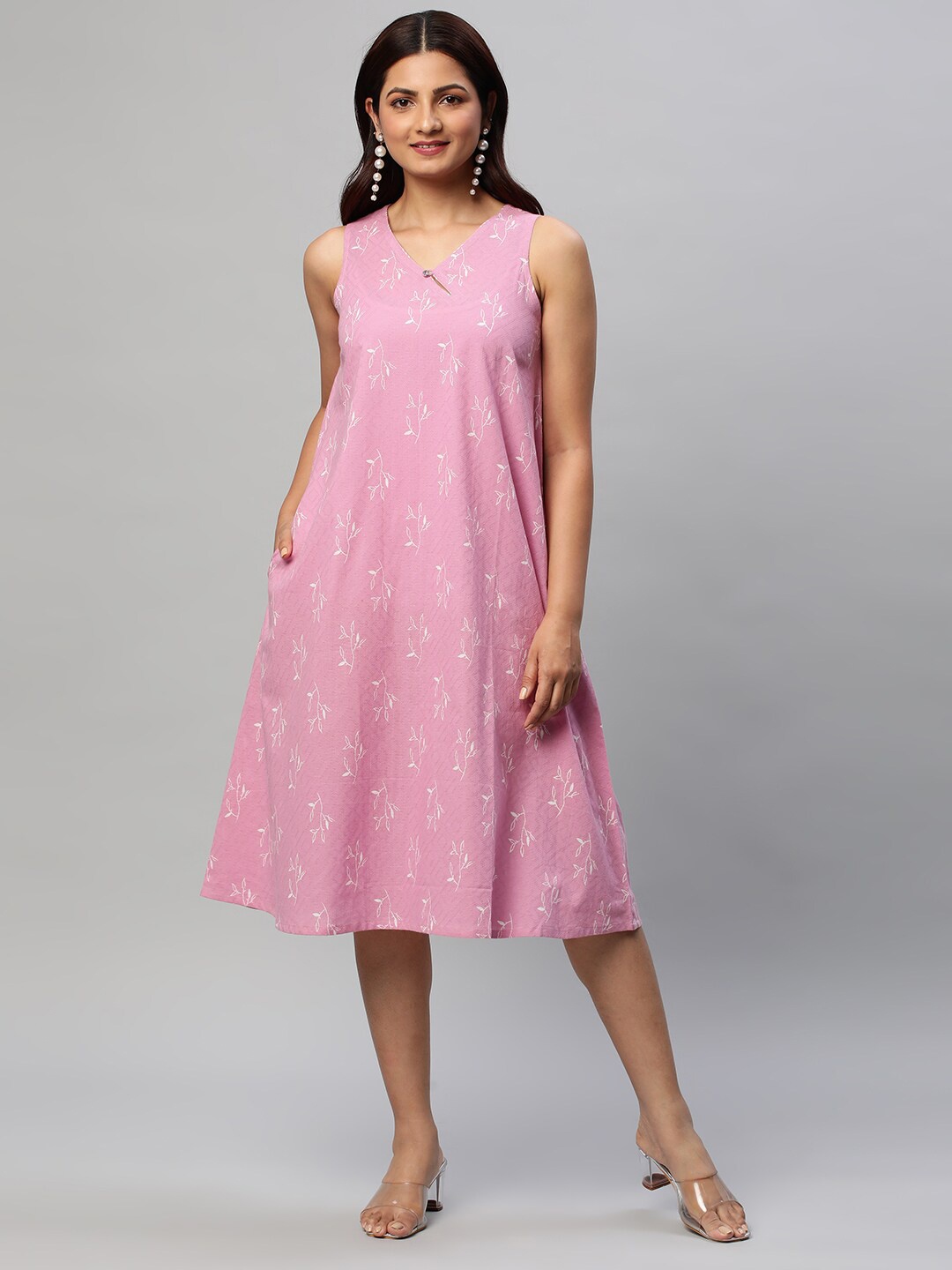

KAMI KUBI Floral Printed A-Line Midi Dress, Pink