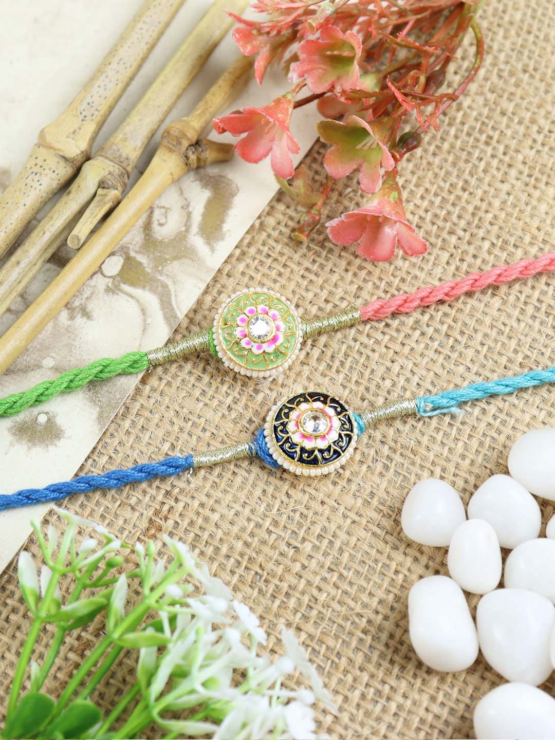 

Asthetika Men Set Of 2 Flower Charm Rakhi In A Envelope, Blue