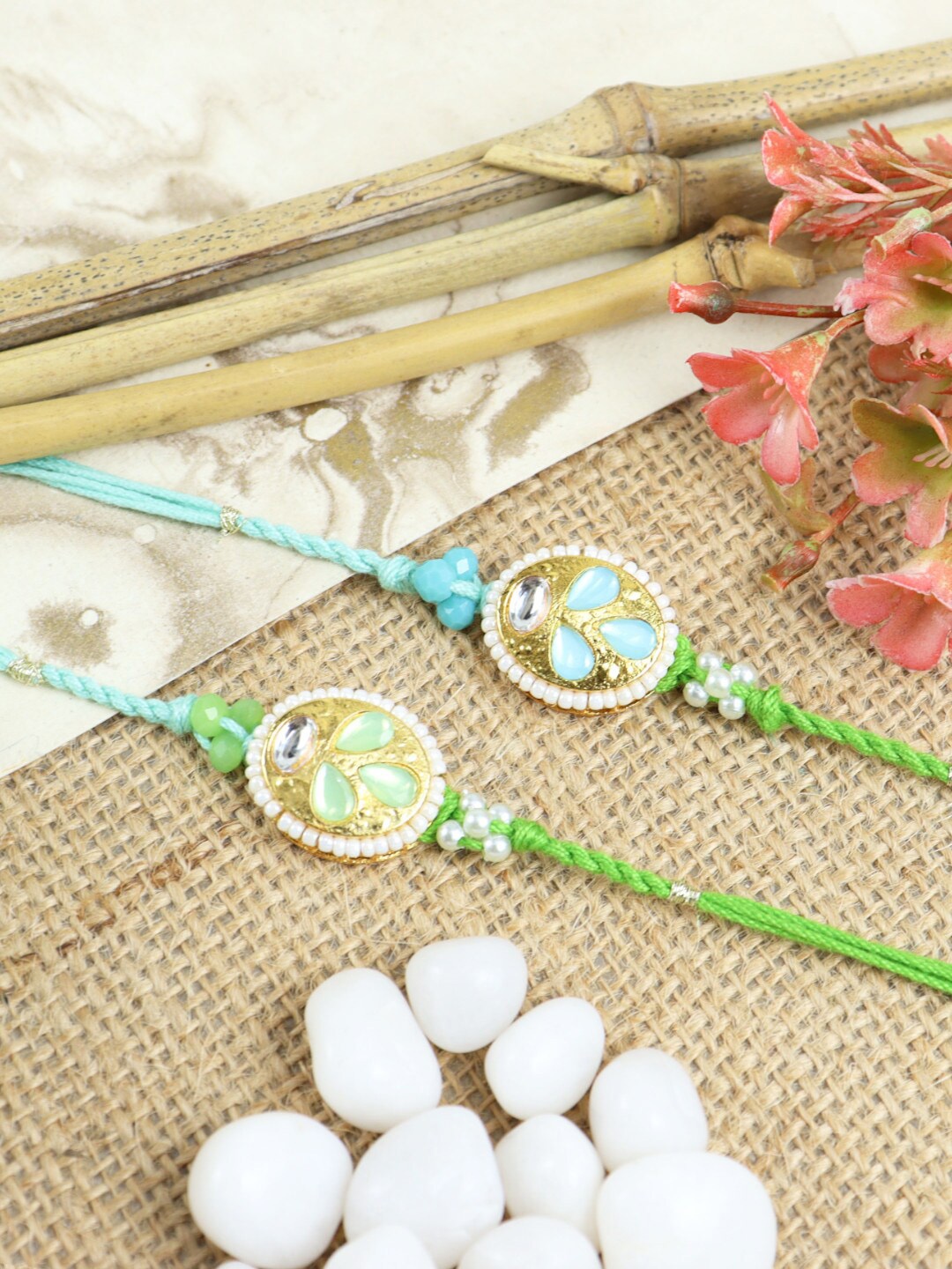 

Asthetika Men Set Of 2 Beaded Thread Rakhis With Envelope, Blue