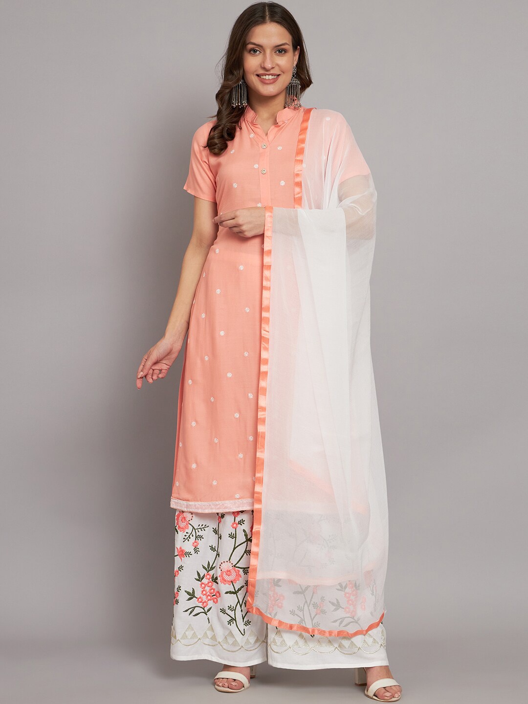 

BLACK SCISSOR Floral Embroidered Regular Thread Work Kurta & Palazzos With Dupatta, Orange