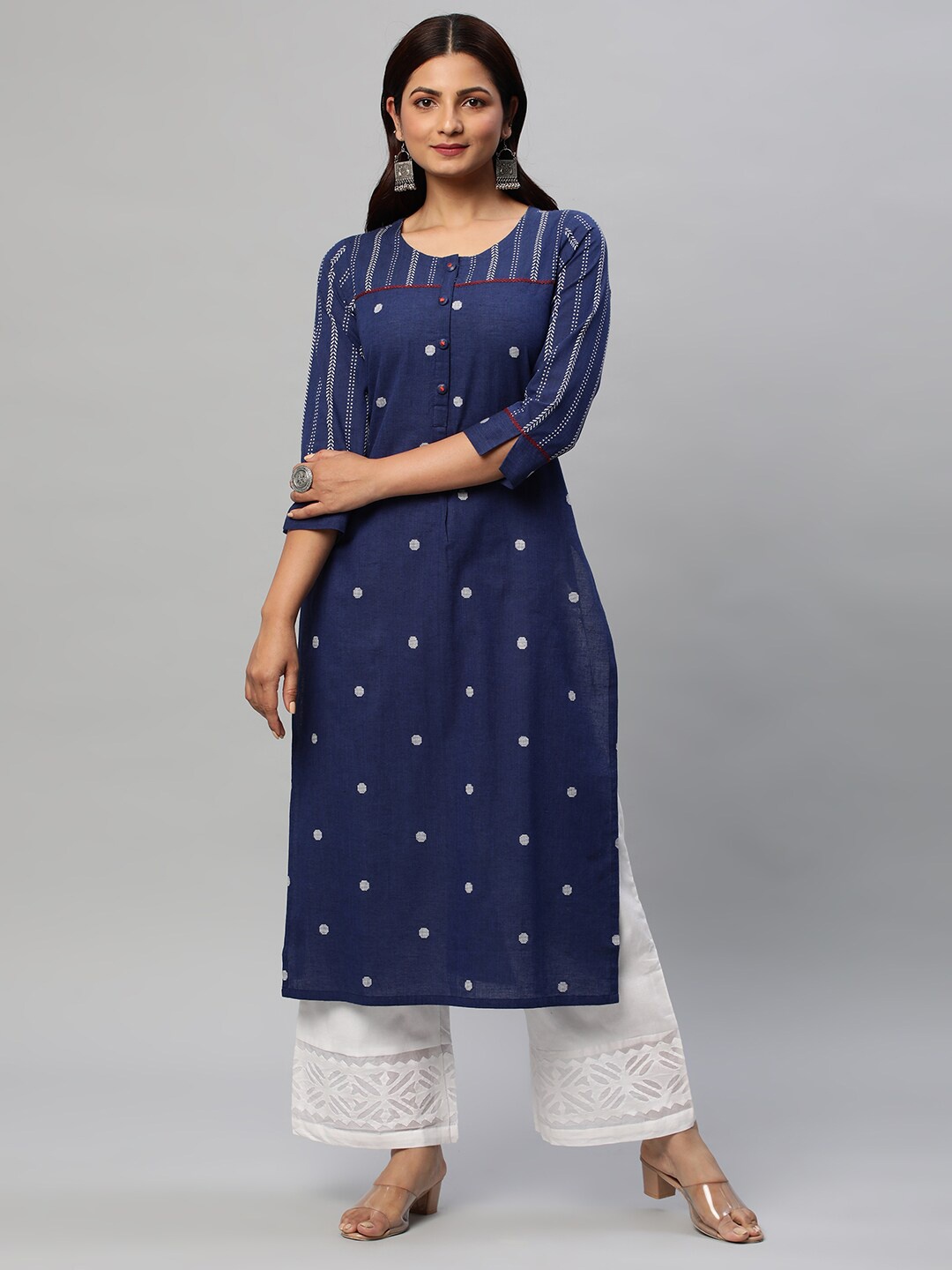 

KAMI KUBI Geometric Embroidered Straight Pure Cotton Kurta, Blue
