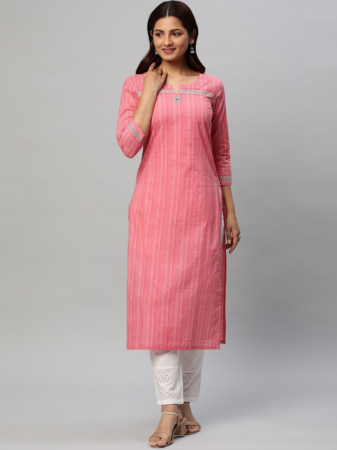 

KAMI KUBI Striped Straight Pure Cotton Kurta, Peach