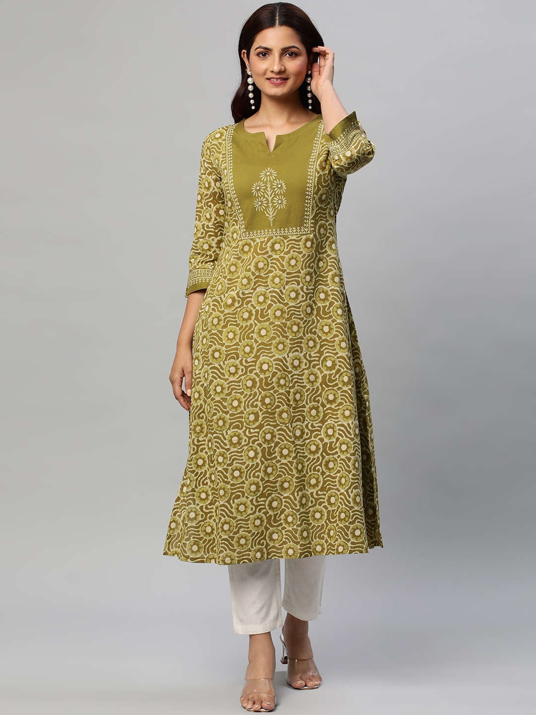 

KAMI KUBI Ethnic Motifs Block Printed Pure Cotton A-Line Kurta, Olive