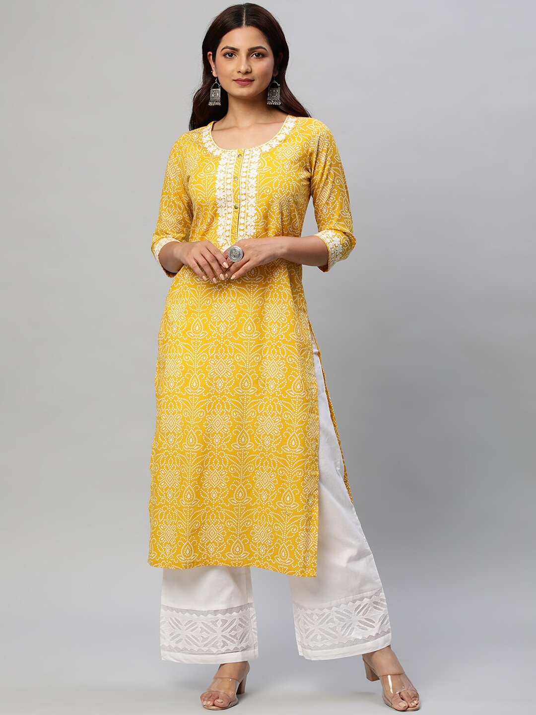 

KAMI KUBI Ethnic Motifs Printed Straight Pure Cotton Kurta, Yellow