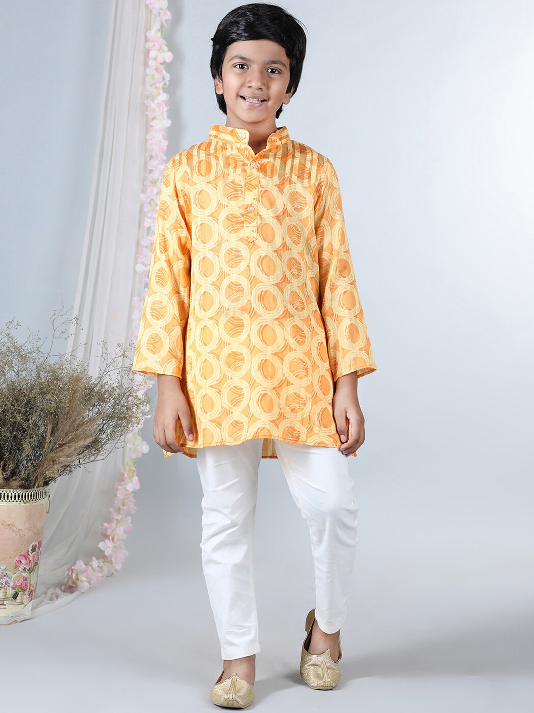 

Cutiekins Boys Geometric Printed Mandarin Collar Kurta with Pyjamas, Yellow