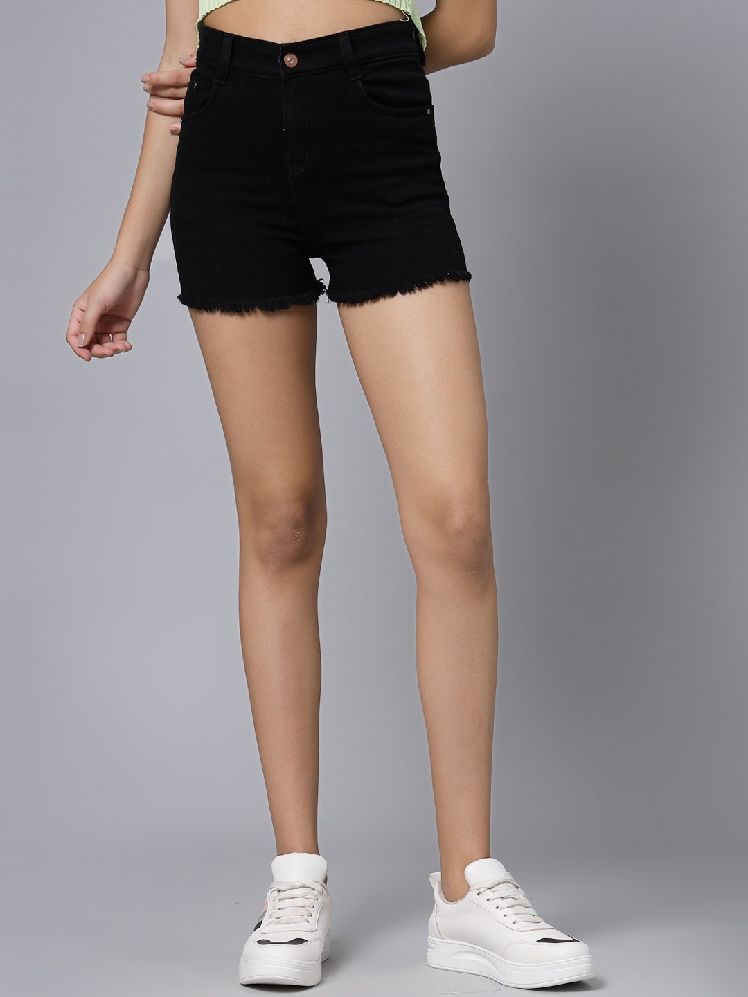 

Roadster Women High-Rise Slim Fit Distressed Cotton Denim Shorts, Black