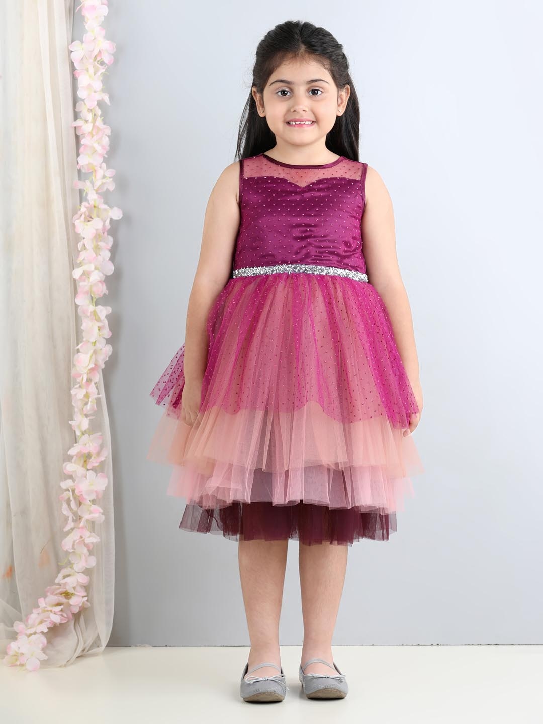 

Toy Balloon kids Girls Embellished Round Neck Layered Fit & Flare Midi Dress, Purple