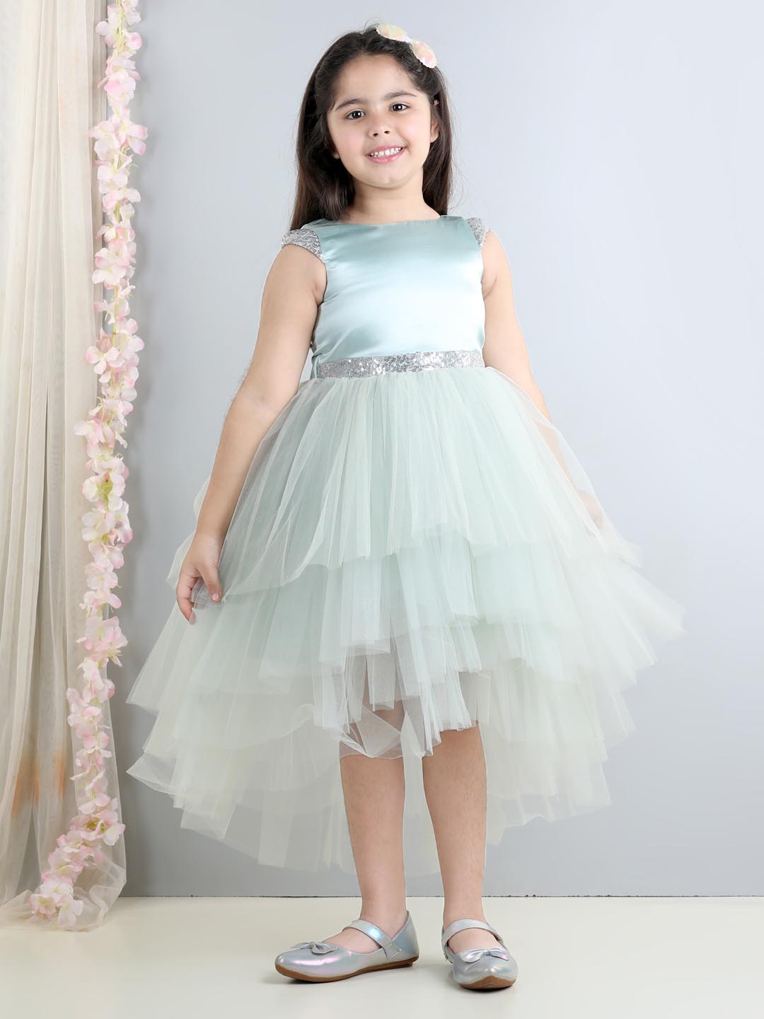 

Toy Balloon kids Girls Layered Net Fit & Flare Midi Dress, Sea green