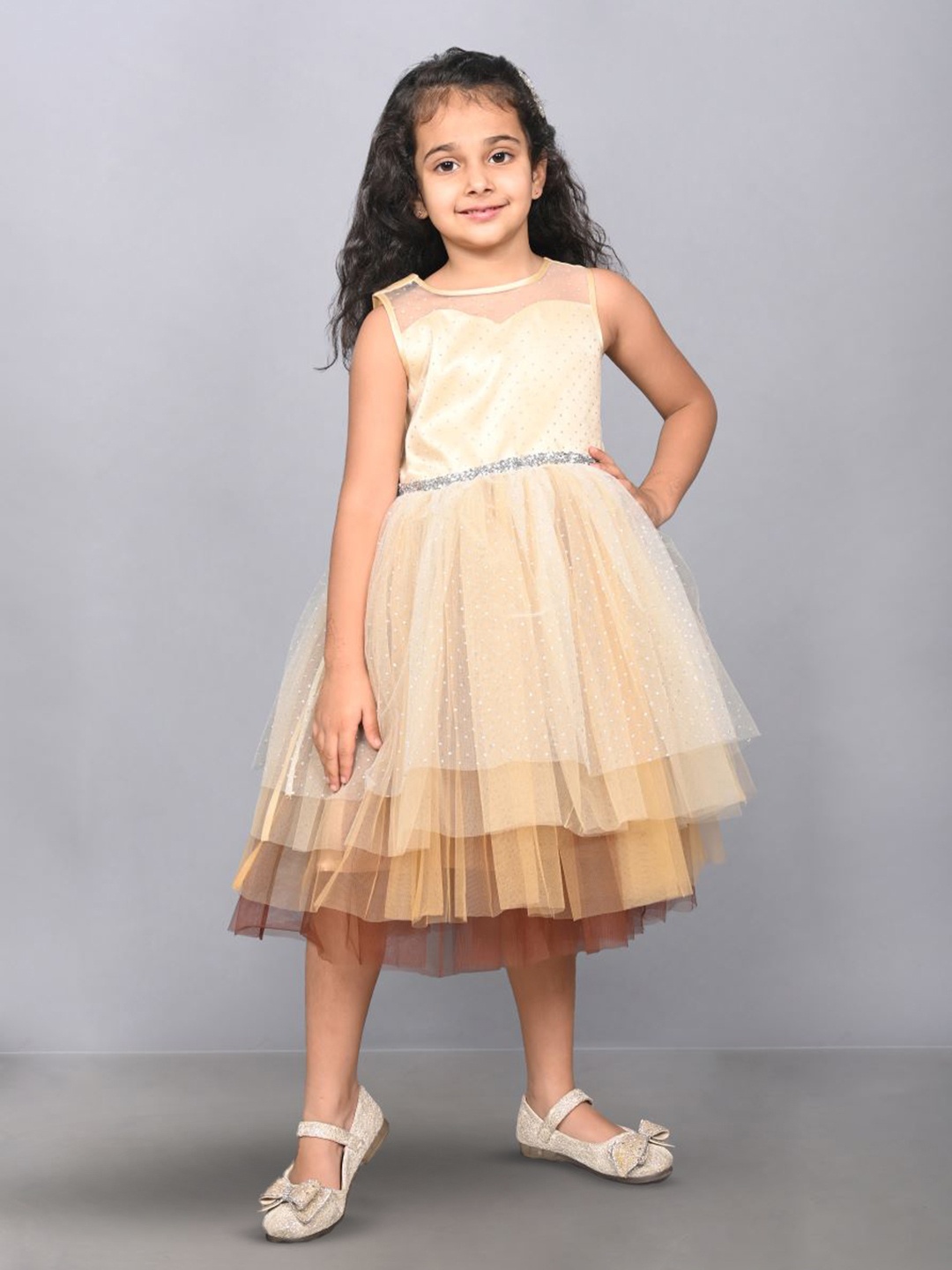 

Toy Balloon kids Girls Self Design Net Fit & Flare Midi Dress, Gold