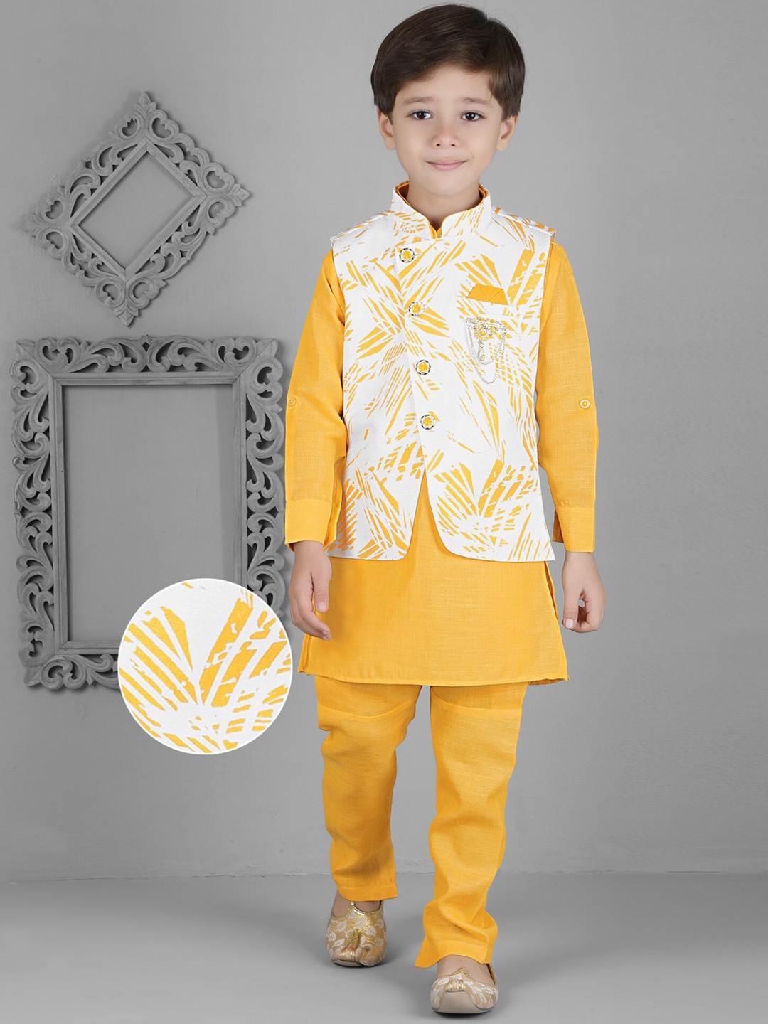 

KIDS FARM Boys Kurta With Churidar & Jacket, Yellow