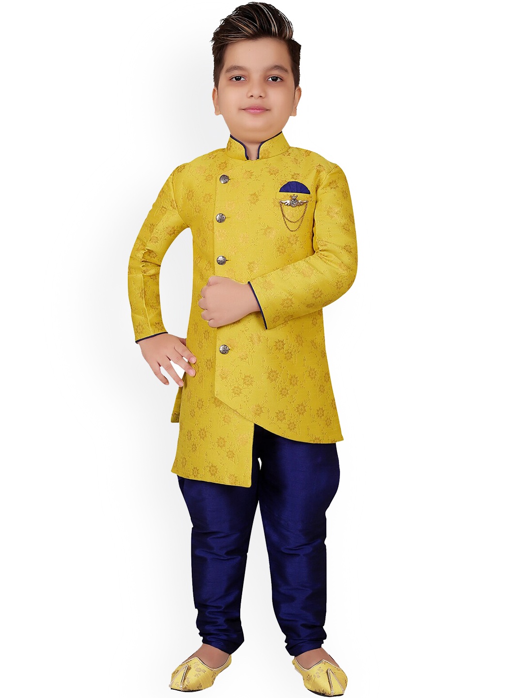 

KIDS FARM Boys Floral Self Design Pure Silk Kurta With Churidar, Yellow
