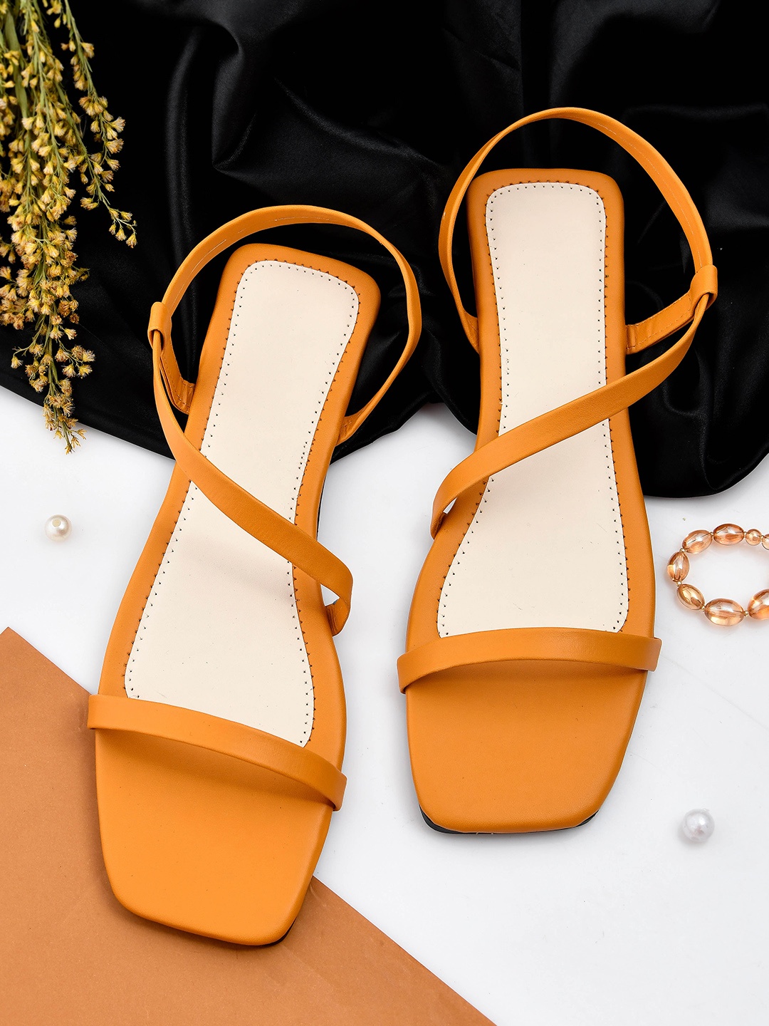 

GLAMZKART Strappy Open Toe Flats, Mustard