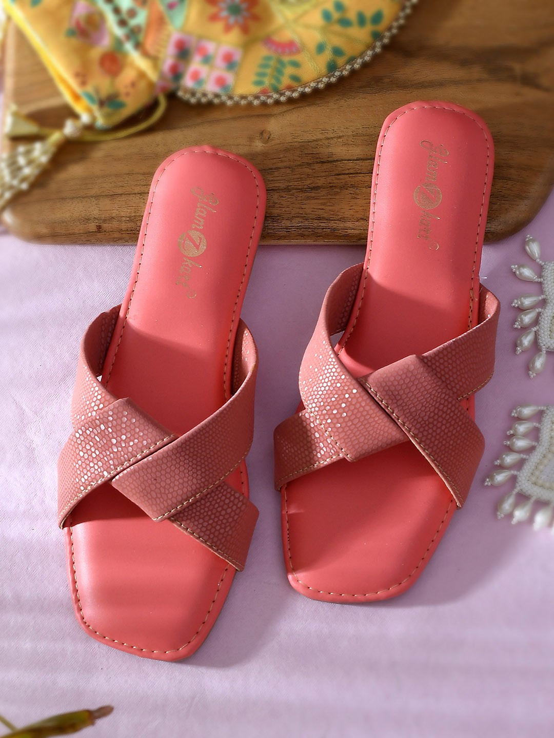 

GLAMZKART Printed Twisted Strap Open Toe Flats, Peach