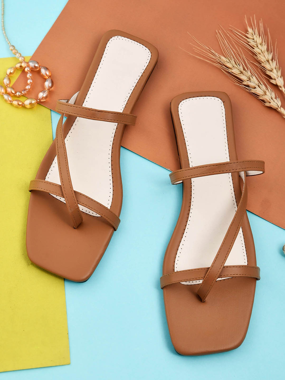 

GLAMZKART Strappy Open Toe Flats, Tan