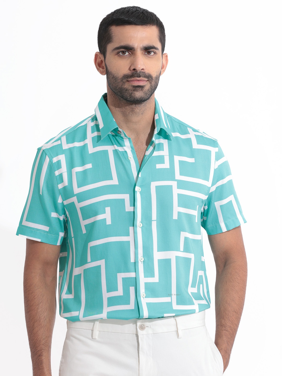 RARE RABBIT Men Lugo Regular Fit Geometric Printed Cotton Shirt, Turquoise blue