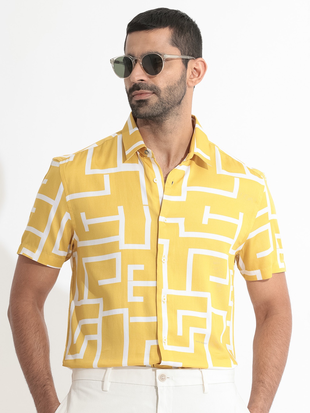 RARE RABBIT Men Lugo Slim Fit Geometric Printed Cotton Shirt, Yellow