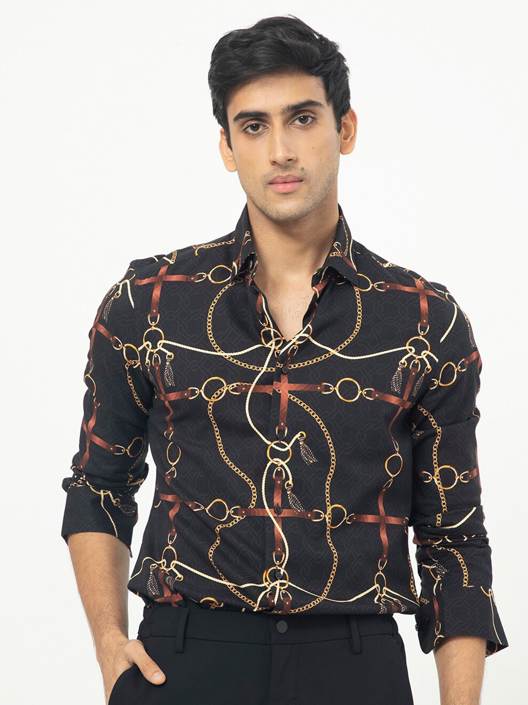 

RARE RABBIT Men Savor Regular Fit Abstract Printed Cotton Shirt, Black