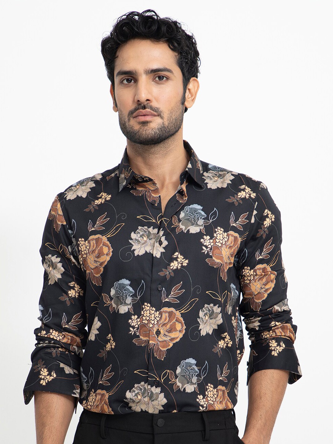 

RARE RABBIT Men Marne Regular Fit Floral Printed Cotton Shirt, Black