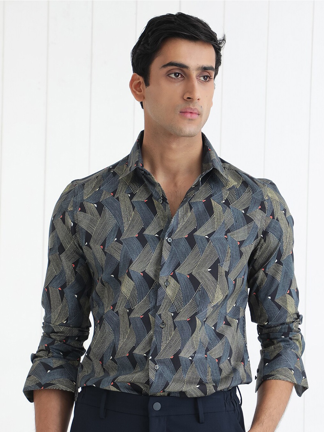 

RARE RABBIT Men Nant Slim Fit Geometric Printed Cotton Shirt, Black